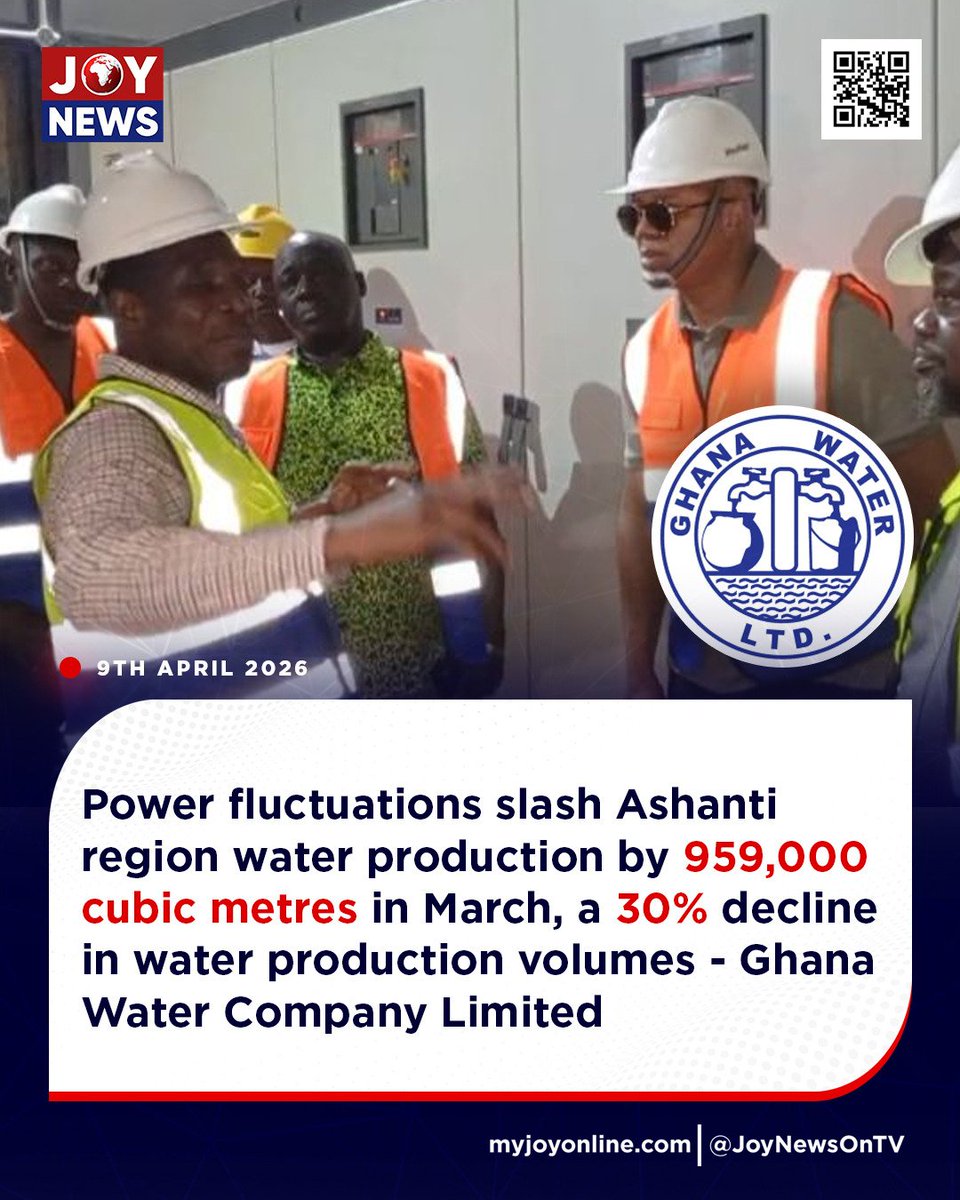 Joy997FM's tweet image. Power fluctuations slash Ashanti region water production by 959,000 cubic metres in March, a 30% decline in output volumes - Ghana Water Company Limited

Follow our WhatsApp channel for all the breaking stories: tinyurl.com/JoyNews-WhatsA…

#JoyNews #Viral #Explorepage #Ghana