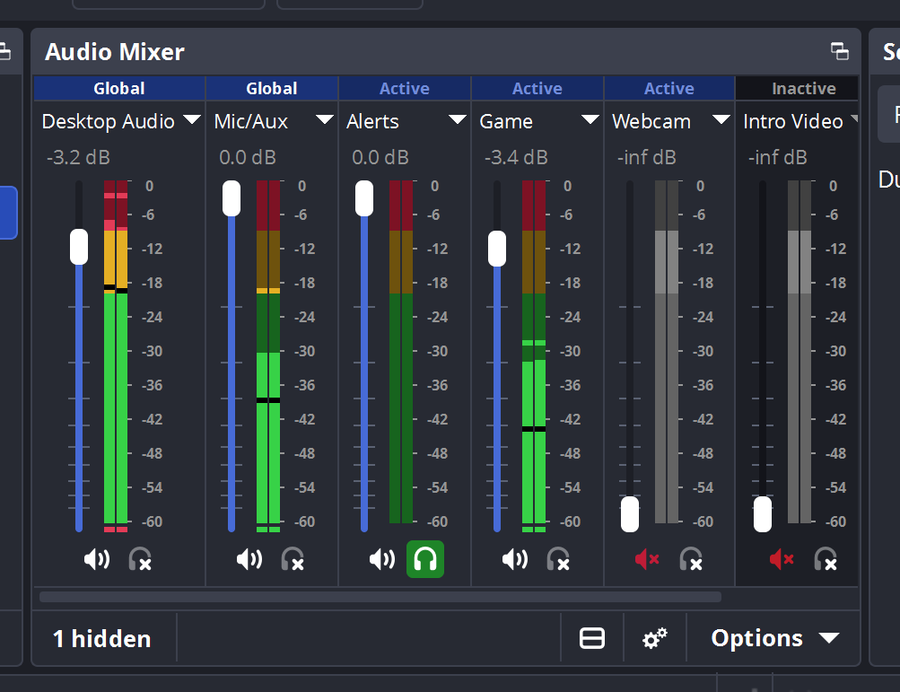 A screenshot of the new OBS Studio audio mixer. Six audio meters are shown in vertical orientation and arranged in a row. New category labels appear above each entry indicating their grouping status. The first two are Global, followed by three Active, and finally one Inactive.
The meters of the audible sources are in color. The ones that are muted or inactive are greyscale.
Two buttons are shown below the meters. A speaker icon for toggling the muted state for each entry. A headphone icon for toggling audio monitoring for each entry.