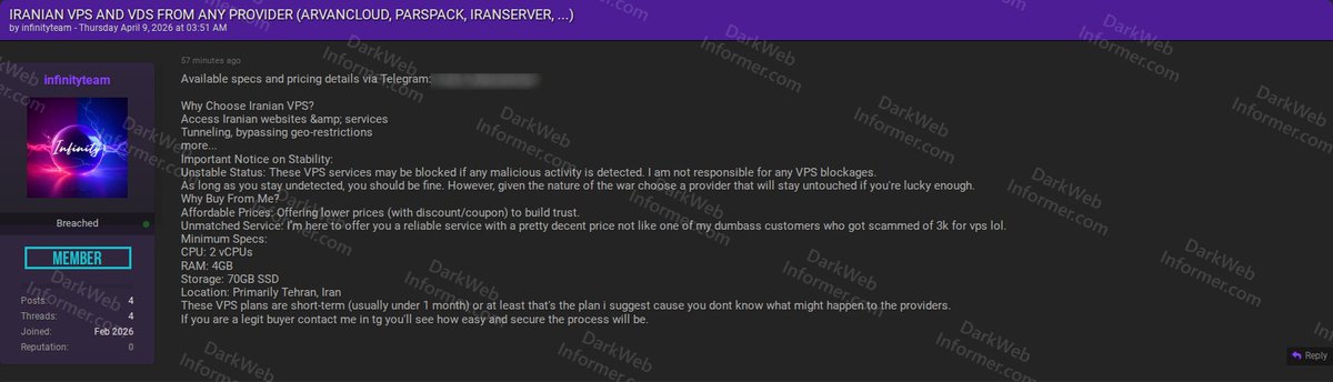 DarkWebInformer's tweet image. ‼️🇮🇷 Threat actor offers Iranian VPS and VDS services from providers like ArvanCloud, Parspack, and IranServer for bypassing geo-restrictions and accessing Iranian websites.

The seller warns of instability and potential blocking if malicious activity is detected.