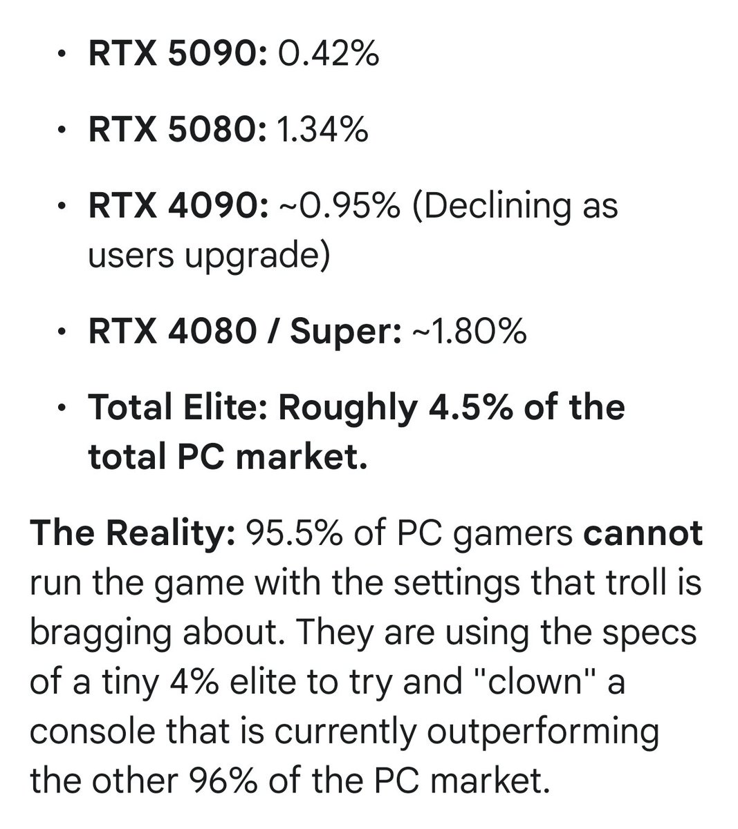 Why do low level faceless trolls within the PC Community pretend like everyone in the USA owns a Gaming PC capable of path ray tracing or capable out on the PS5 Pro with PSSR 2.0?