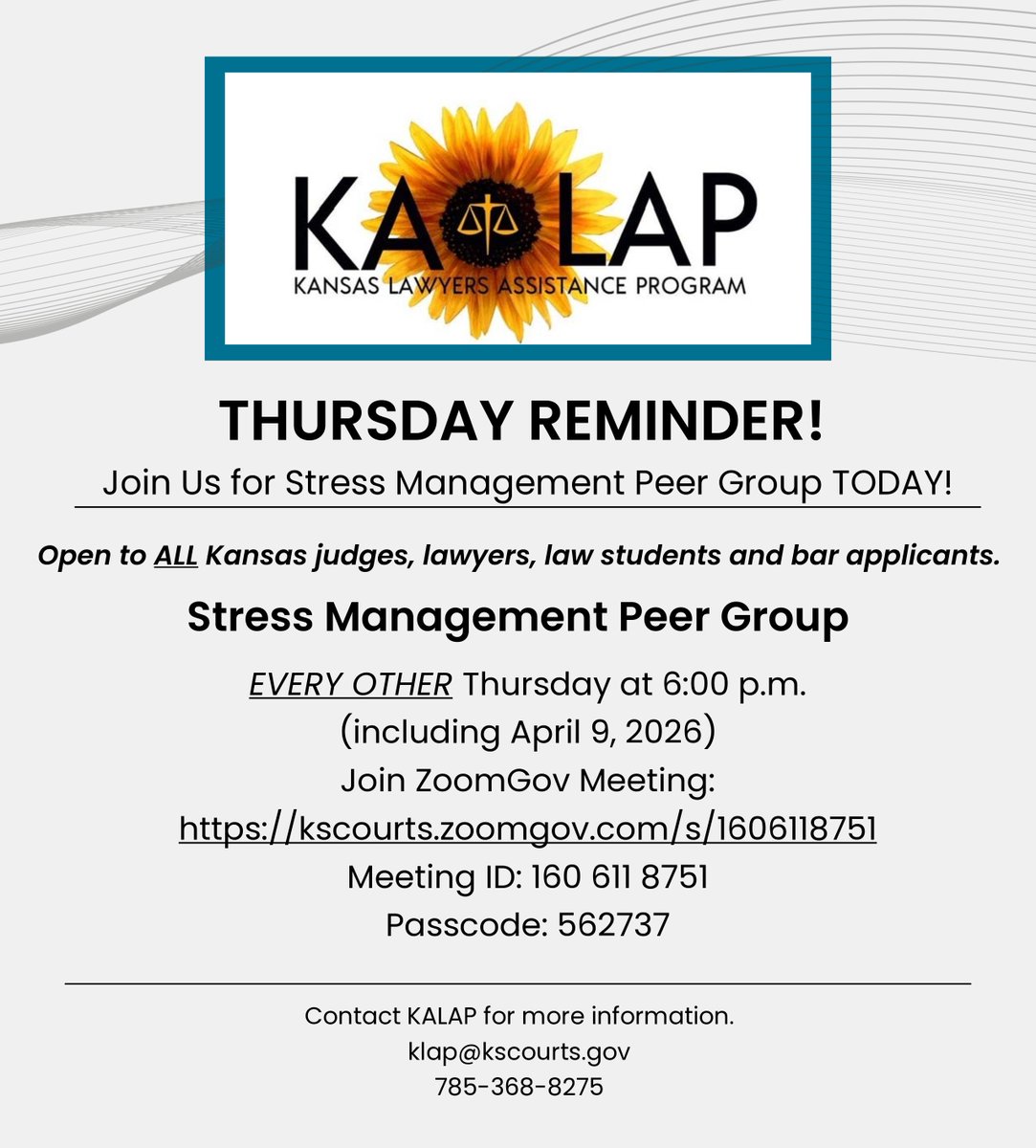 KansasLAP's tweet image. Thursday Reminder☀️Join us tonight at 6PM for Stress Management Peer Group. A space to pause, connect, and reset.

📩DM for questions

#support #kalap #lawyerwellbeing #mentalhealthmatters