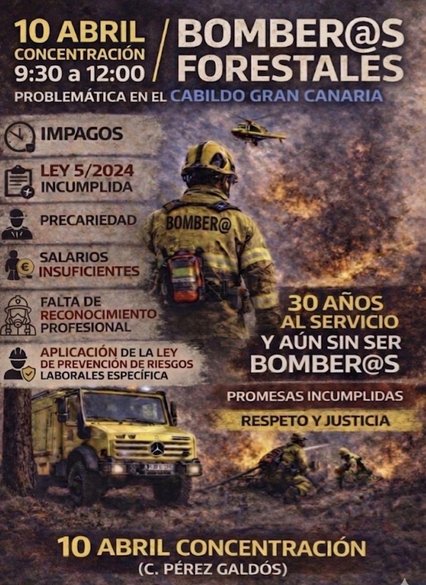 Los bomberos forestales de Gran Canaria denuncian impagos, precariedad y el incumplimiento de la ley estatal. 

Los bomberos forestales de Gran Canaria han convocado una concentración el viernes 10 de abril en la calle Pérez Galdós para exigir mejoras laborales y el