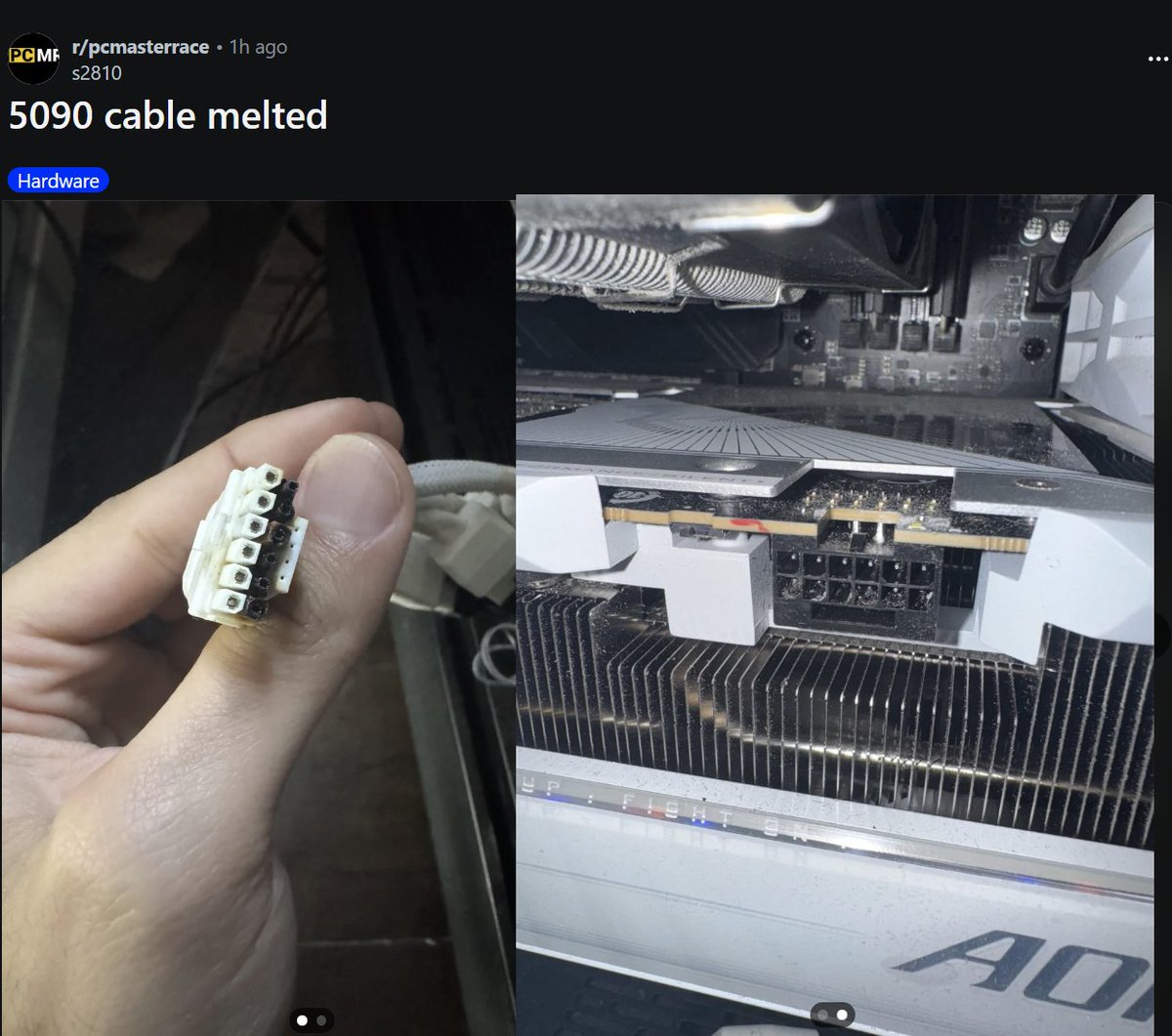 unikoshardware's tweet image. "Well, I can’t believe it happened to me."

gigabyte 5090 aorus master ice, used for 1 year
corsair rm1000x
gigabyte 16pin adapter used
gigabyte 16pin adapter and card's connector melted

Q: "why would you spend that much on a GPU then use one of those adapters?"
A: "It’s the