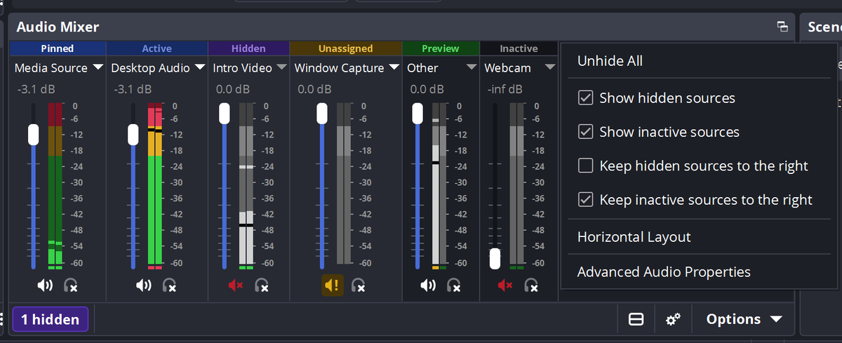 A screenshot of the new OBS Studio audio mixer. It showcases the new labels above each volume meter indicating their grouping or status. The labels from left to right denote Pinned, Active, Hidden, Unassigned, Preview, and Inactive.
A popup on the right shows the options menu list.
Each label also has a different visual appearance featuring different background colors for each category.
