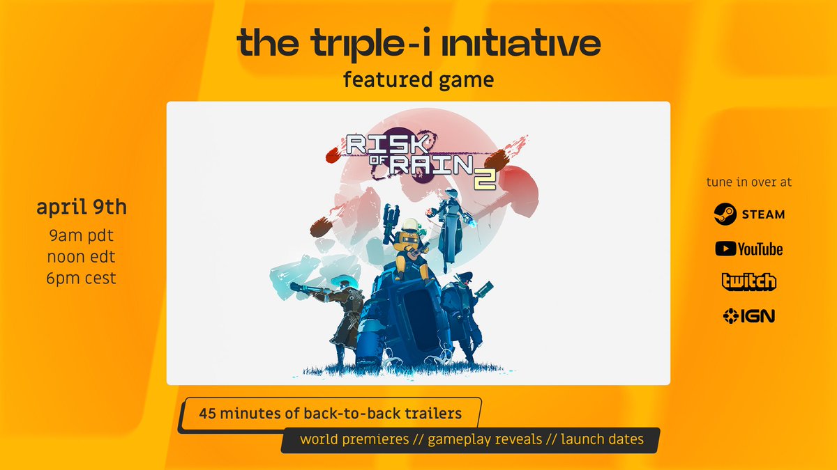 RiskofRain's tweet image. The @iii_initiative is now live!

Stream it to be among the first to see an exclusive Risk of Rain reveal and a bunch of other amazing indie game content!

youtu.be/ShrDsKDQjtc
twitch.tv/iii_initiative