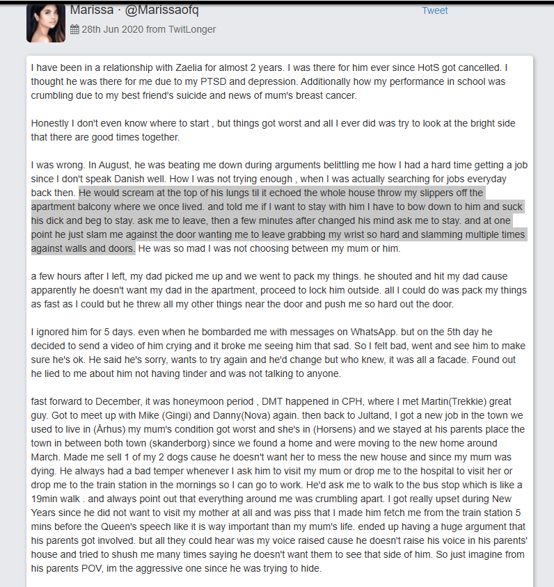 jonaslundstrom9's tweet photo. What an unbelievably shameless and manipulative post. You're defending a serial abuser while having absolutely no care for the victims. Four different women came forward and shared their experiences of being abused by him, including physical assault and sexual degradation.

First of all you claim the accusations are untrue without providing anything to back up that statement. Two women have publicly shared their horrific experiences (Marissa and Felicia, I'm including links to their stories), and two other women shared their experiences privately with Echo, leading to his removal as well as being banned from blizzard competitions.
Your appeal being denied with no explanation is no surprise. Blizzard wants nothing to do with a serial abuser of women, and they've seen more than enough to not even consider the case.
The evidence you speak of is also utterly irrelevant. One of his victims decided to confront him irl at an event, which she's more than justified to do after what he's put her through.
Trying to paint her as crazy is the most disgusting form of victim-blaming, you're truly rotten to the core to attempt it. And you and your abuser bf's reputations should in fact never recover after the horrific harm you've caused through silencing and degrading abuse victims, even going as far as making fun of them on your stream. To say you're the scum of the earth is putting it mildly.
Your statement about streaming alongside the wow broadcast is also so laughably irrelevant, how does that magically mean blizzard approves of him? Some person who clearly has nothing to do with the decision overlooked it and allowed the co-streaming to happen, all you're doing is self-reporting that an oversight happened.
As for a thorough review it has already been made, back last year when he was rightfully permanently barred. All you're doing now is clutching at straws, desperately looking for any way you can to lie yourselves into another outcome.
It's truly pathetic, not to mention horrible unfair and traumatising for the victims you're attempting to silence and invalidate, not least of all through this post. Claiming this isn't about creating drama is possibly the most disgusting and manipulative statement of the entire post. You've just painted out one of his victims as crazy and having evidence against them IN YOUR POST. How absolutely disgusting and shameless of you, spewing bile and then trying to act like you're not directing hate in order to dodge any pushback. It's textbook manipulation, and makes your harmful post all the more malicious.
You struggling to understand why the ban is in place is unfortunately a you problem. The case was thoroughly examined long ago, and there's absolutely nothing to revisit. And most importantly you will not get to freely degrade and silence the victims now that time has passed, not now or ever.

https://t.co/fSOWp9KujW