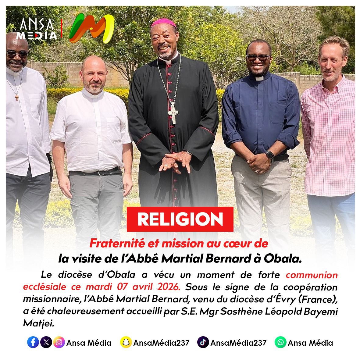AnsaMedia237's tweet photo. Religion : Fraternité et mission au cœur de la visite de l’Abbé Martial Bernard à Obala.

​Lire la suite de l’article ici : https://t.co/PX8WVp8kOO

#DioceseObala #EgliseCatholique #Obala #Evry #Mission #Fraternite #AnsaMedia https://t.co/Fk1mrQBHyL