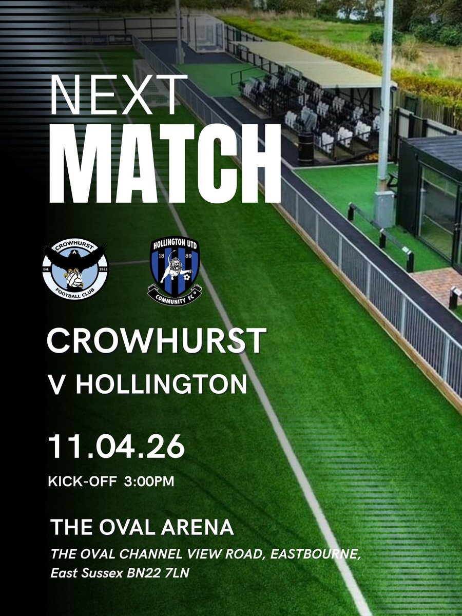 CrowhurstFC's tweet photo. 🔥 NEXT MATCH 🔥

Crowhurst vs Hollington Utd
📅 11.04.26
⏰ 3PM
📍 The Oval Arena

🍔🍻 Café &amp; Bar open all game

Get down and back the lads 👊
Up The Crows 🦅

#CrowhurstFC #UpTheCrows #Matchday https://t.co/0iHXQc9tEX