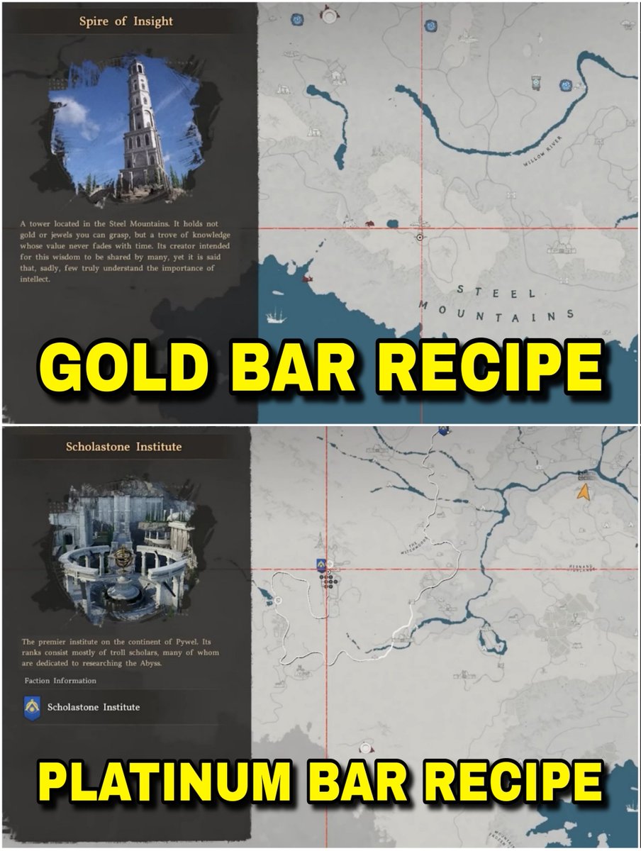 TheRealZephryss's tweet photo. Crimson Desert Tips & Tricks #78

How to find Mercury, Brimstone, Silver Ore, Gold Bar and Platinum Bar Recipes to craft Gold Bars and Platinum Bars in Crimson Desert:

🟢 Silver Ore: Go to Heart of the Saint Cave in the Hernand region. Use the stab ability to breach the waterfall entrance, then use Force Punch to break the wall. Inside, you can mine a large quantity of silver ore.

🟢 Brimstone: Go to this location near Deadfire Mountain in the Crimson Desert region marked on the map. Attack the hidden abyss creatures disguised as rocks. After defeating them, you will get Brimstone.

🟢 Mercury: Go to this location near Hexe Sanctuary. Use your bow’s charged shot with the Ice element to freeze the water into blocks, then break them to collect mercury. An additional mercury spot can be found around the Silver Wolf Mountains.

🟢 Holy Water: You can buy Holy Water from the Church of Hernand.

🟢 Gold Bar Recipe: It can be found in the Spire of Insight, located near the Steel Mountains in the south of the map. Clear the nearby bandits and burn away the vines covering the entrance. Pick up a pebble from the ground and place it in the pot on the front door to unlock it.

First Floor: Pick up the gravestone at the back of the room and place it into the central pot. Stand near the pot on the platform to be lifted to the next level.

Second Floor: Locate a telescope in the back-right of the room and a pen tip on a table in a small back room. Place both items into the pot to move to the next level.

Third Floor: Here, you will find the Gold Bar Recipe pinned on a shelf.

🟢 Crafting Gold Bar: Go to any Witch’s house to craft a Gold Bar. You will need 3 Brimstone, 3 Mercury, and 10 Silver Ore, or 3 Gold Ore and 1 Golden Apple.

🟢 Platinum Bar Recipe: You can find the Platinum Bar crafting recipe at the Scholastone Institute in the Hernand region. Head to the main central entrance, then proceed to the back area and enter through the magical door. Inside the library, go to the back and take either the left or right staircase to the second floor. Follow the balcony to the left to find the Platinum Bar recipe on a bookshelf in the back corner.

🟢 Crafting Platinum Bar: Go to any Witch’s house to craft a Platinum Bar. You will need 1 Gold Bar, 4 Brimstone, 3 Mercury, and 2 Holy Water.

🟥 Gold Ore and Golden Apple locations are in the comments.

Thanks to Arekkz Gaming for the help.