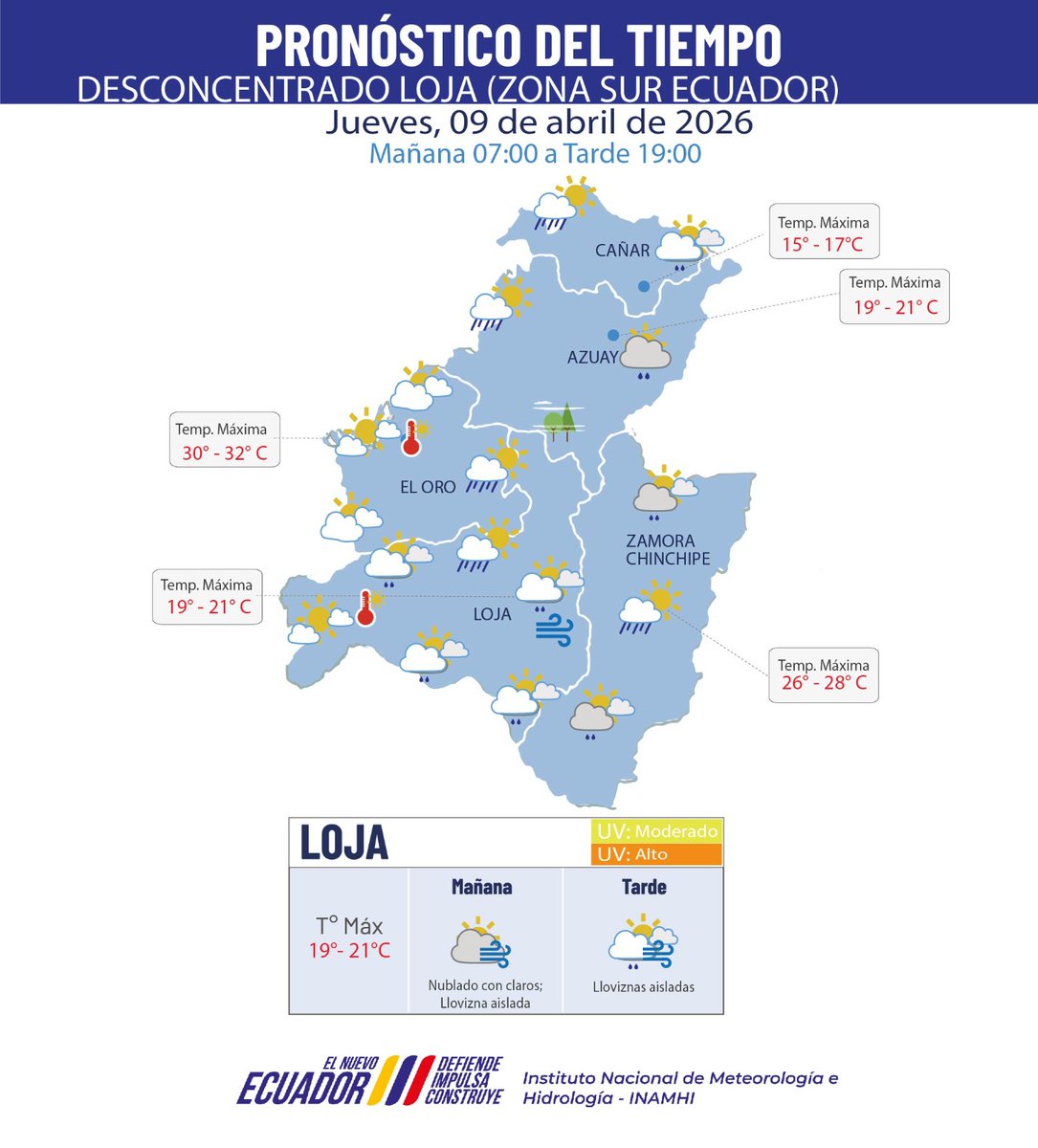 inamhi_ec's tweet photo. INAMHI // Pronóstico Zona Sur Ecuador. 
Jueves 09 y madrugada del viernes 10 de abril de 2026, para las próximas horas se prevé #lloviznas y chubascos aislados. 🌤️🌦️#Loja #ElOro #Azuay #Cañar #ZamoraChinchipe @Riesgos_Ec @ECU911 https://t.co/d43zO0eh3n