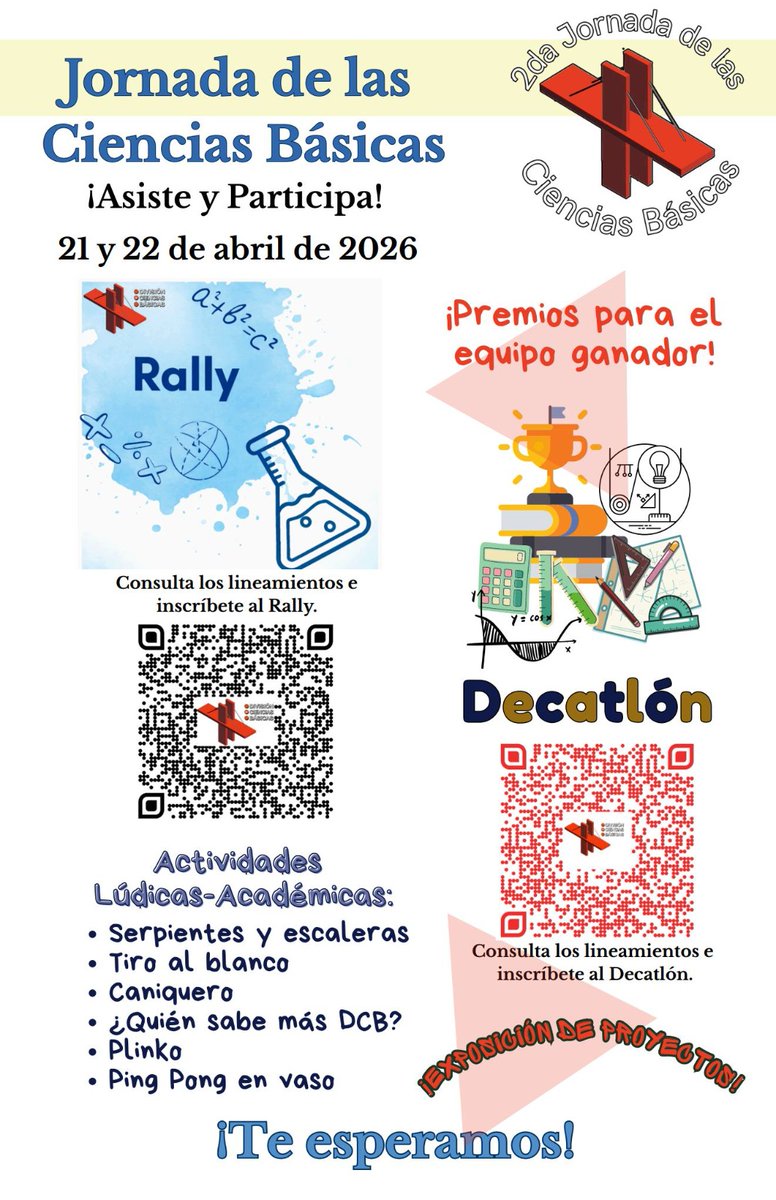 FIUNAM_MX's tweet image. La #DCB de la Facultad de Ingeniería te invita a participar en la segunda Jornada de las Ciencias Básicas. 
📖📐🧪
📅 21 y 22 de abril
⏰ A partir de las 10:30
📍 Edificio I, Laboratorios y Auditorio Sotero Prieto, #FIUNAM 
Proyectos, rally, decatlón, stands con actividades