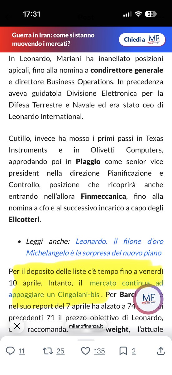 lucy79178521's tweet image. Sconcertante ..!!!
#Cingolani #Leonardo 
In carica in Leonardo dal 2023
Azione cresciuta da 12€ a 59€
Ordini del  2025 per 24 mld
Dossier strategici in corso 
Il mercato vuole un Cingolani bis 
Ma a #Meloni #Fazzolari #Crosetto 
Non piace ..
..troppo geniale ..