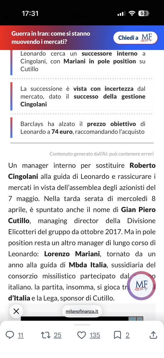 lucy79178521's tweet image. Sconcertante ..!!!
#Cingolani #Leonardo 
In carica in Leonardo dal 2023
Azione cresciuta da 12€ a 59€
Ordini del  2025 per 24 mld
Dossier strategici in corso 
Il mercato vuole un Cingolani bis 
Ma a #Meloni #Fazzolari #Crosetto 
Non piace ..
..troppo geniale ..