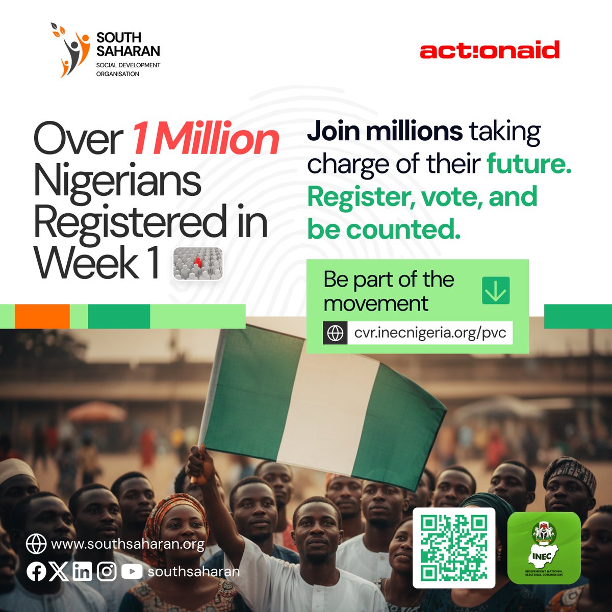 southsaharan's tweet image. Over 1 million Nigerians registered in week 1 📈

People are taking action. Don’t be left out. 

Register, vote, and make your voice count.

👉 Be part of it: cvr.inecnigeria.org

#PVC #SouthSaharan #NigeriaDecides #GetYourPVC #ActionAid