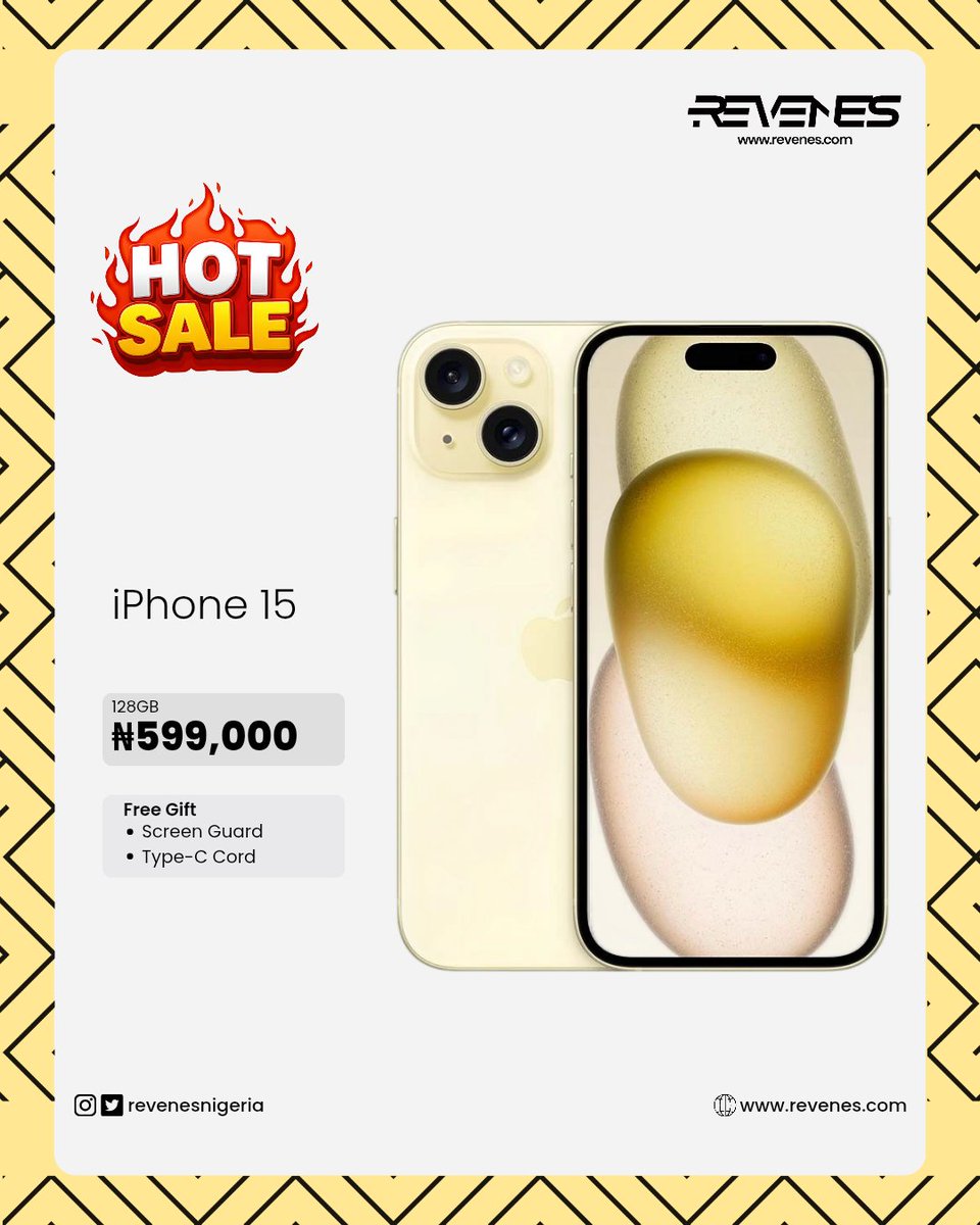 RevenesNigeria's tweet image. iPhone 15
₦599,000. 

Black and Yellow Colours 
Physical SIM 
eSIM 
Premium Grade A Devices 

Pictures in thread. 

#Revenes #iPhone15 #HotSale #BestPrices