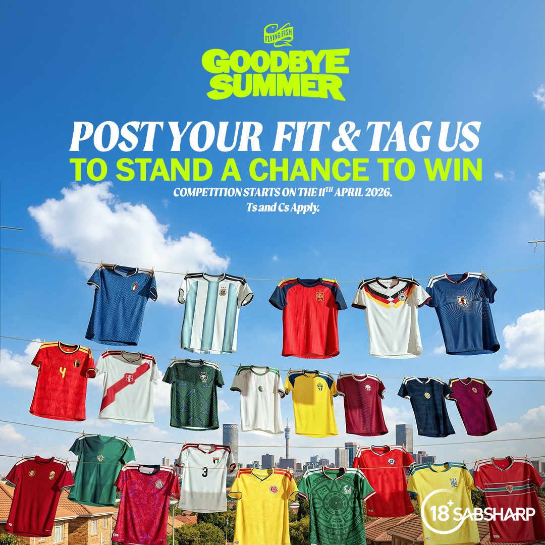 It’s comp time. 🔥

The theme? Football. Rep the country you’re backing in the FIFA World Cup 26.

Show up in your best FIFA World Cup 26 fit, post your look, tag <a href="/FlyingFishSA/">FlyingFish</a> and you could win R10K 💸

Saturday only. Pull up correct.
T&amp;Cs apply.