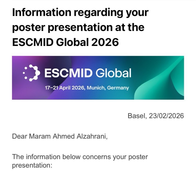 MaramAlza's tweet photo. Just a few days away from presenting my research at #ESCMID2026 in Munich! 🇩🇪

Excited, grateful, and looking forward to this incredible experience.

الحمدلله 🤍🙏🏻 https://t.co/BGOSNEMjnh