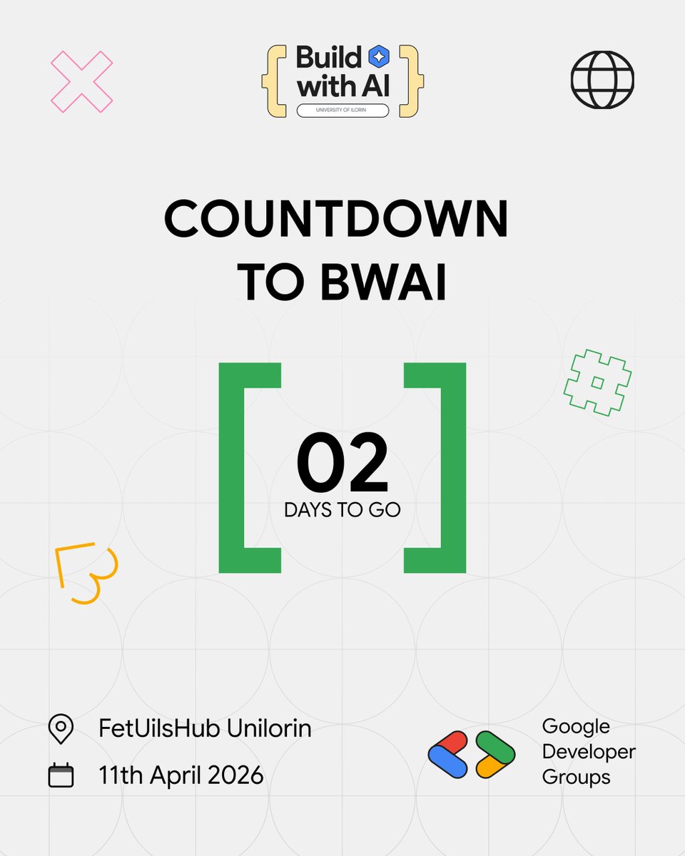 gdgoc_unilorin's tweet image. 2 Days To Go for #BwAIUnilorin26 🔥🔥

3 people we’re expecting: You, You and YOU 🫵
Yes, you reading this.
We saved you a seat.

📍 Venue: FetUilsHub Unilorin
🗓️ Date: 11th April 2026

Register now at: bit.ly/BWAIUIL26

#BwAIUnilorin26 #BuildWithAI #GDGIlorin #AICommunity