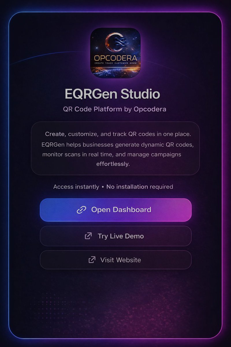 opcodera's tweet photo. Added more real use cases in EQRGen.
Now you can create QR codes for:
โข Apps (app downloads, links, details)
โข Products (showcase, pricing, info)
Not just links โ actual business use cases.
Still building.
#QRCodeGenerator
#QRCode
#app
#product
https://t.co/CooDQ7UJkt https://t.co/4OsOHGxcdB