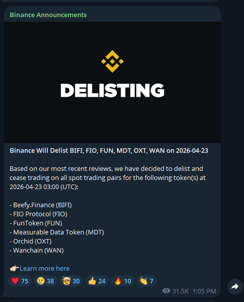 Danh sách coin sắp bị delist trên sàn Binance 

#BIFI #FIO #FUN #MDT #OXT #WAN