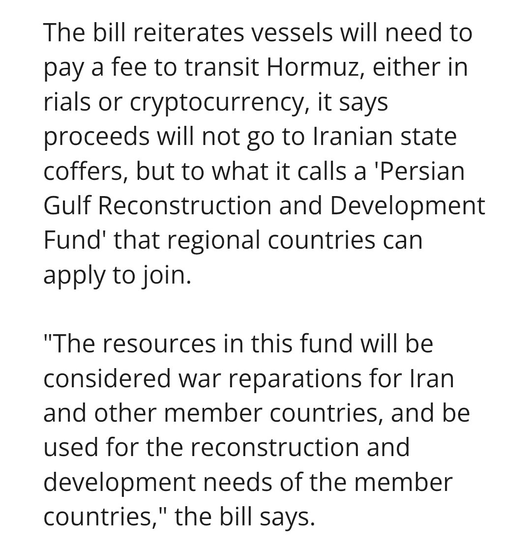 NEW: 🇮🇷 Iran is proposing a regional solution to the Hormuz crisis involving at least some of the countries bordering the Mideast Gulf.

Part of that would involve charging a fee for vessels passing through, with revenues from this available to all participating countries as 'war