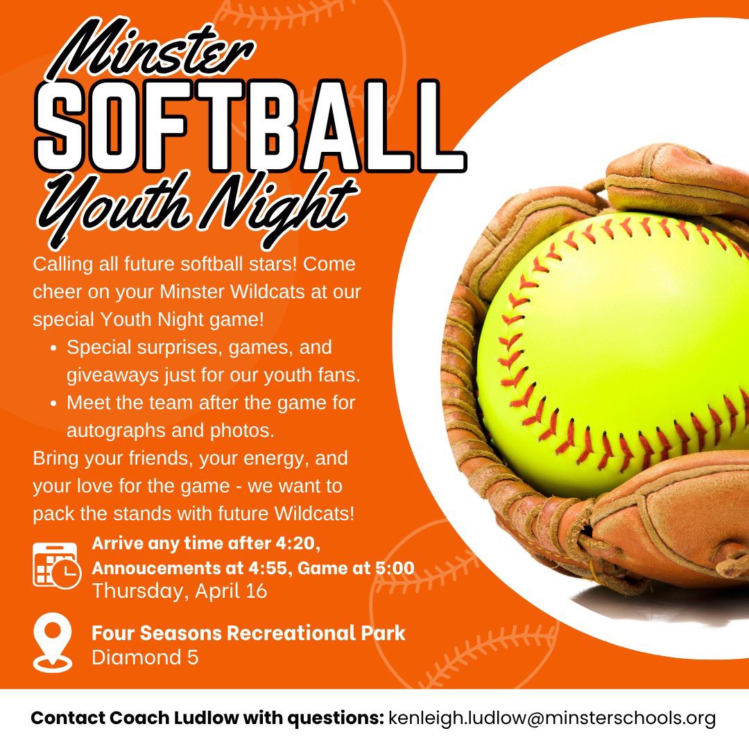 MinsterSoftball's tweet photo. Youth Night is one week from today - See you there!
Go Cats!
🥎🧡🐾

*Feel free to share this post!* https://t.co/S21IkD18FY