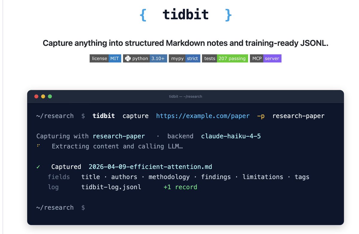 I built tidbit: a CLI that turns any URL, PDF, EPUB, screenshot, or clipboard content into a structured Markdown note (and a JSONL training dataset) using your LLM of choice.
Schema-driven. MCP-enabled. MIT. Python.
github.com/phanii9/Tidbit