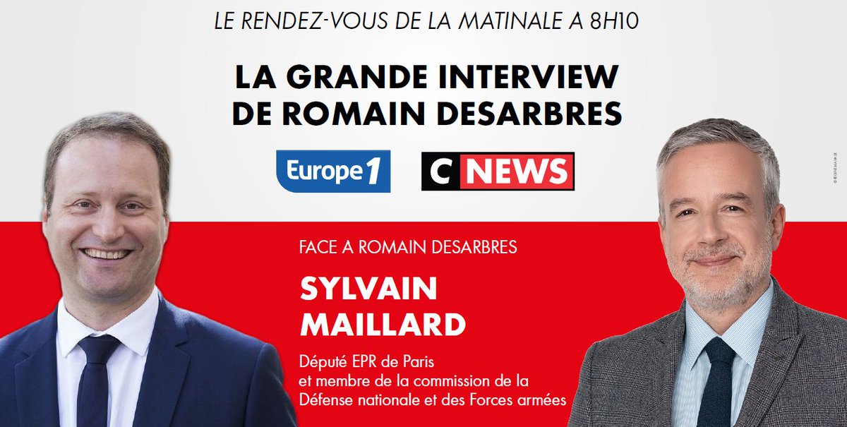 CNEWSLesOFF's tweet image. ⏰#𝗟𝗮𝗚𝗿𝗮𝗻𝗱𝗲𝗜𝗧𝗪 de 𝗥𝗼𝗺𝗮𝗶𝗻 𝗗𝗘𝗦𝗔𝗥𝗕𝗥𝗘𝗦, votre rendez-vous de #LaMatinale @Europe1 @CNEWS à 𝟴𝗛𝟭𝟬 

𝐒𝐲𝐥𝐯𝐚𝐢𝐧 𝐌𝐀𝐈𝐋𝐋𝐀𝐑𝐃 (@SylvainMaillard), député EPR (@DeputesEnsemble) de Paris et membre de la commission de la Défense nationale et des Forces