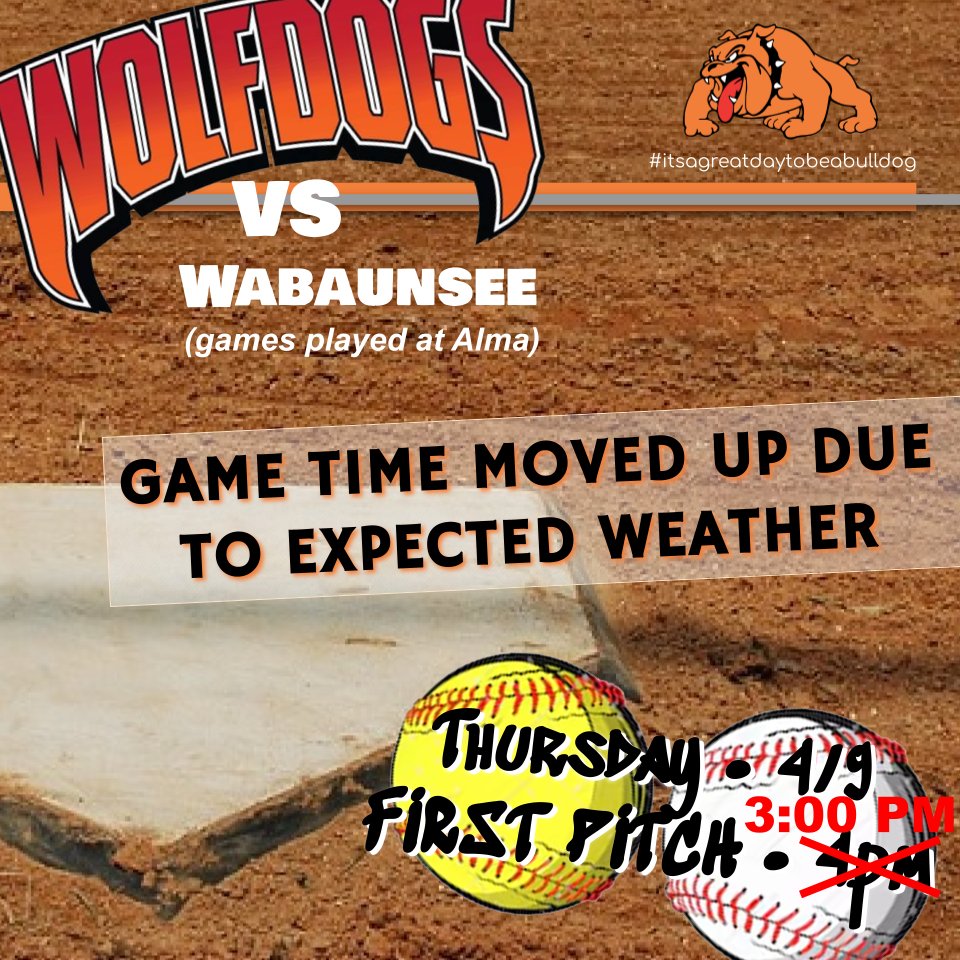 Game Time moved up due to expected weather.  First Pitch in Wabaunsee is now at 3pm.  Good luck to our Baseball and Softball Teams today!!