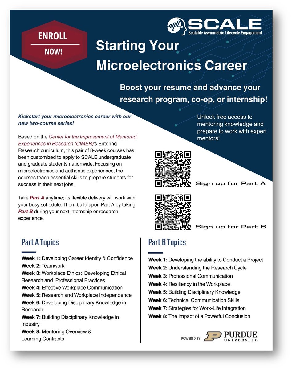 Purdue_SCALE's tweet image. SCALE has an asynchronous course just for you, Starting Your Microelectronics Career (Parts A &amp;amp; B). A flexible, virtual, 8-week series designed for SCALE undergraduate &amp;amp; graduate students nationwide.

#SCALE4Me #Microelectronics #Semiconductors #STEMCareers #WorkforceDevelopment