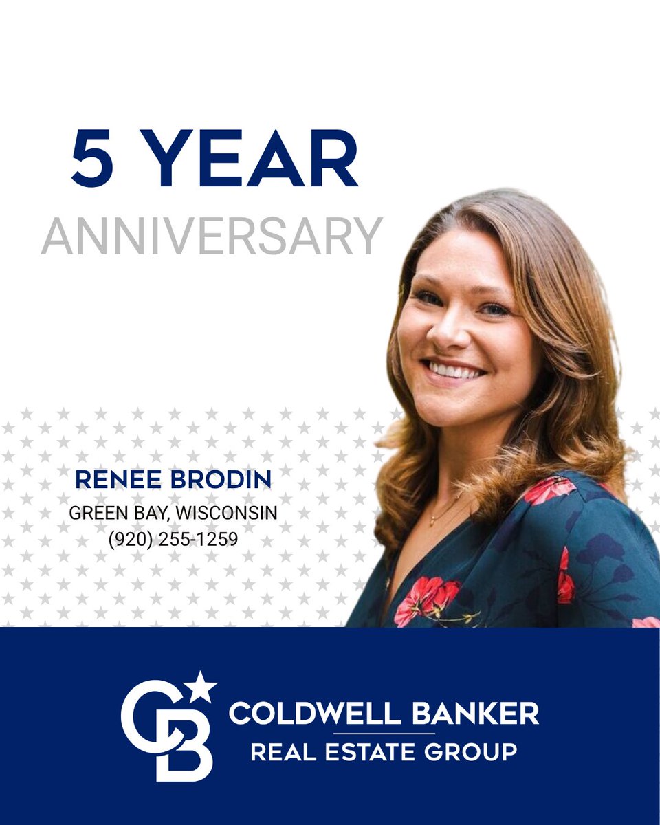 Today we congratulate real estate agent, Renee Brodin, of the Green Bay, Wisconsin office for her 5 years with our company. We are so proud to have Renee as part of the Coldwell Banker Real Estate Group family. #TheBestWearBlue