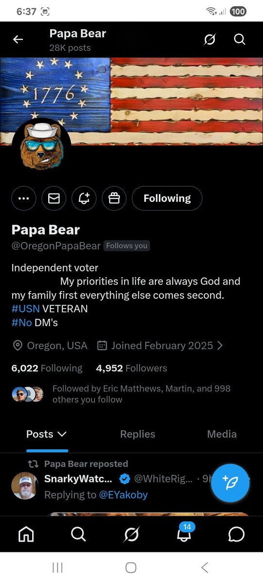 Two US Navy veteran's who connect back looking for new connections 
<a href="/ChrisWalte12527/">Chris Walters</a> approaching 3k 
<a href="/OregonPapaBear/">Papa Bear</a> nearly 5k
F*R
🇺🇸🫡