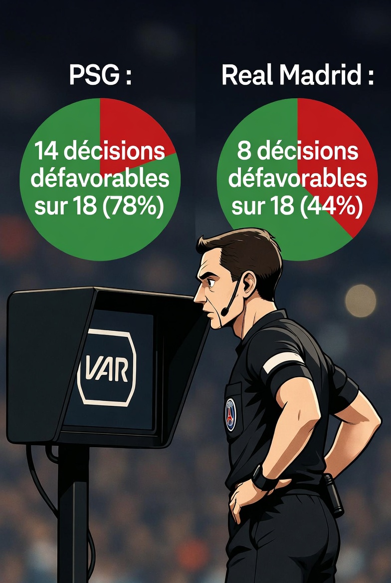 Globalement, le PSG ressort comme l’un des clubs les plus impactés négativement en LDC sur les checks VAR/on-field reviews depuis 2019, il est même premier en prenant en compte les clubs qui ont joué plus de 20 matchs. La comparaison avec le Real Madrid est sidérante.