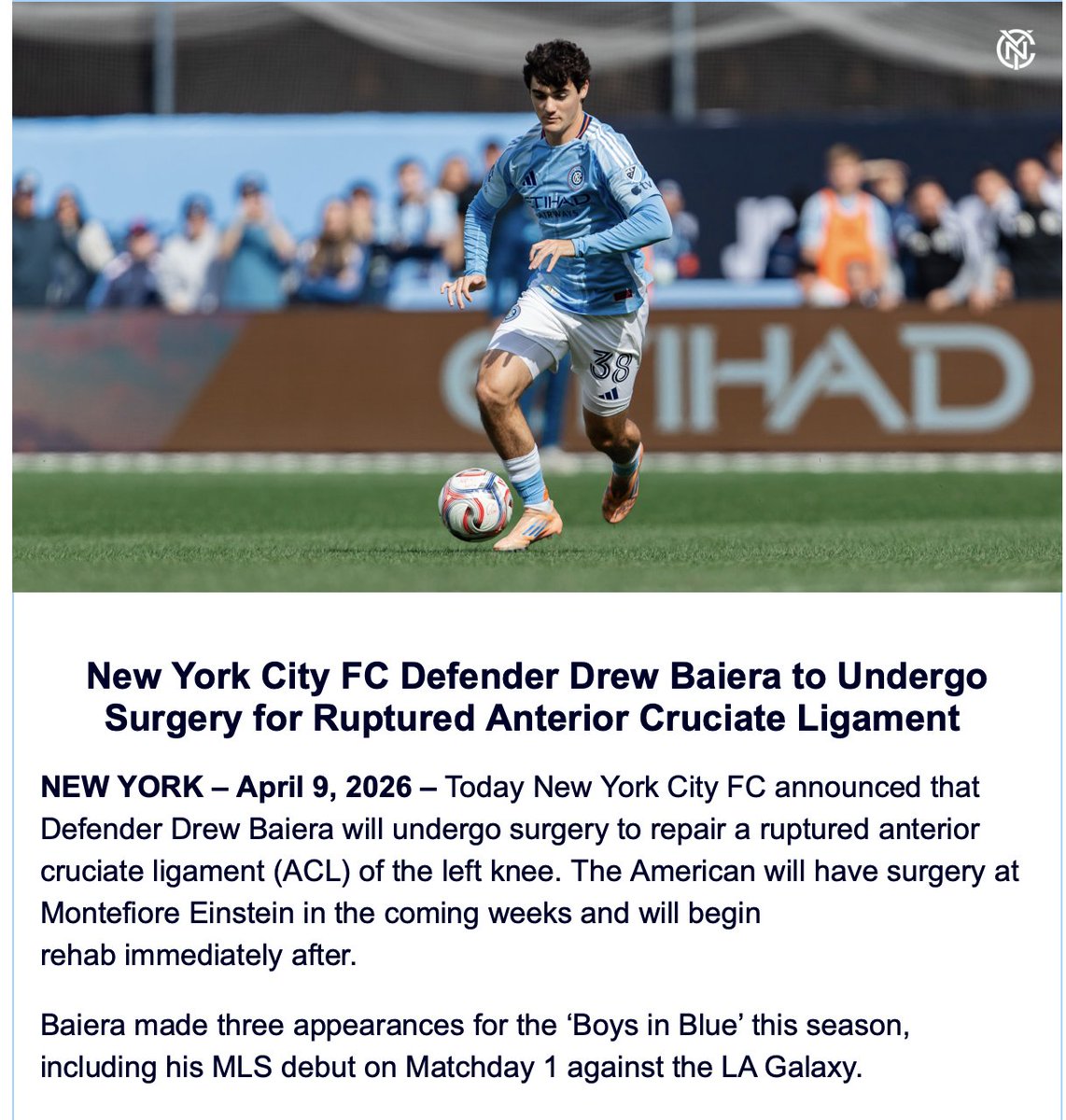 GlennCrooks's tweet image. The bad news confirmed on Drew Baiera injury.

#NYCFC #MLS #Homegrown