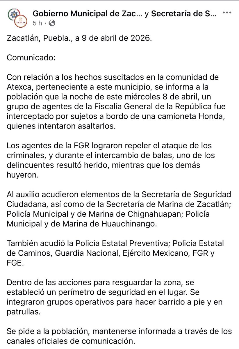 🚨 Un muerto por enfrentamiento entre delincuentes y elementos de la <a href="/FGRMexico/">FGR México</a> en #Zacatlán, Puebla.