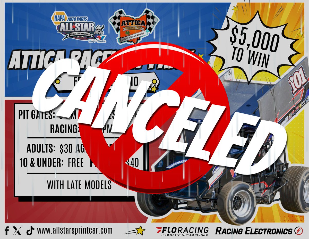 AllStarSprints's tweet photo. Well, our phone calls to Mother Nature didn't go as planned. Due to forecasted rain and cold temperatures for Friday, April 10th, ASCOC and @atticaracewyprk officials have made the decision to cancel Friday's event. https://t.co/AOGRtAhFtU