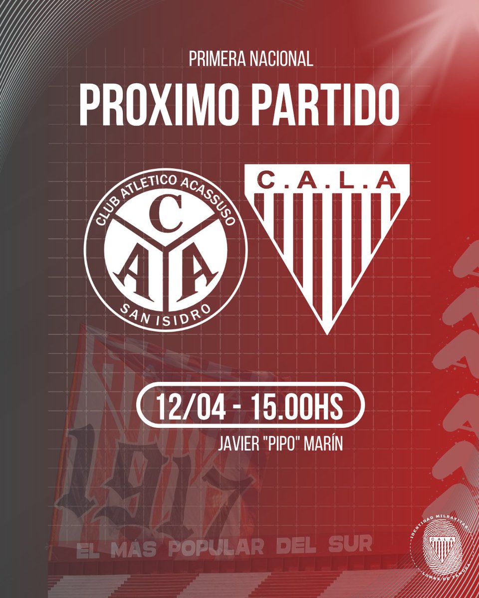 📌PRÓXIMO PARTIDO 🔜 #LosAndes estará visitando a #acasusso

⚽ 9na Fecha Zona A
🆚 <a href="/clubacassuso/">Club Acassuso</a>
🗓 Domingo 12/04
🕙 15:00hs
🏟 Estadio Javier "pipo" Marín 

#identidadmilrayitas🇦🇹
#primeraNacional