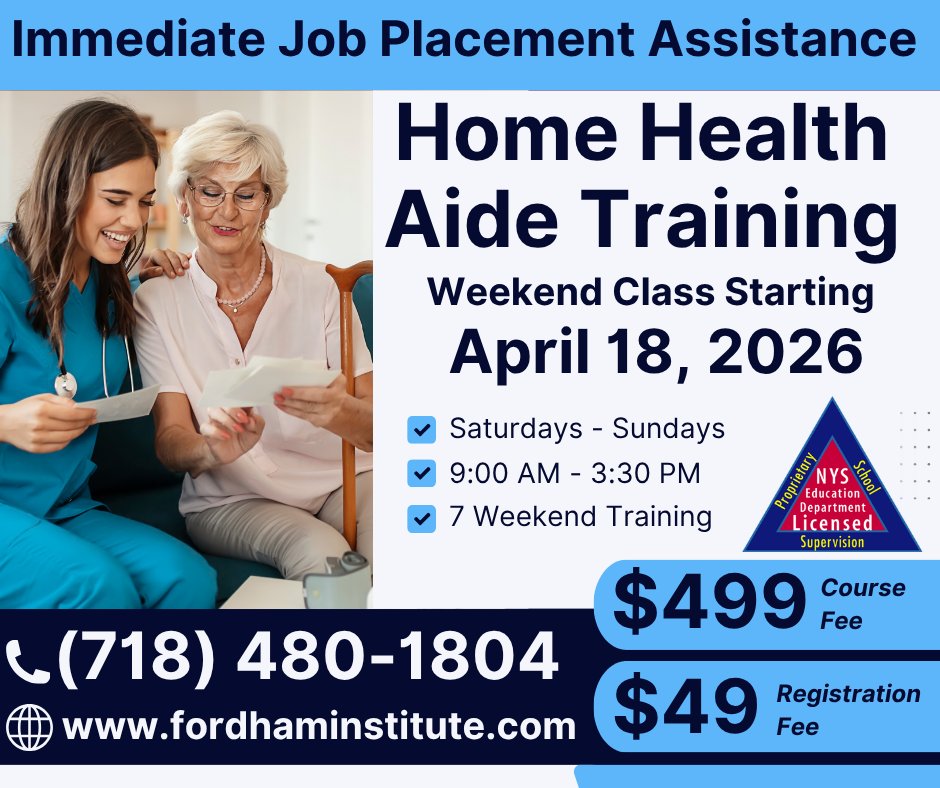 FordhamInstinc's tweet photo. 🚀 Ready for something new?
🌿 Train as a Home Health Aide
🎓 Weekend Program | Fordham Institute – Woodhaven
🗓 Starts April 18, 2026
⏳ Finish in 7 weekends
📞 718-480-1804
🌐 https://t.co/atyhOnOPKc
#HealthcareCareers #HHATraining #WeekendClasses https://t.co/ZSYo4jhANS