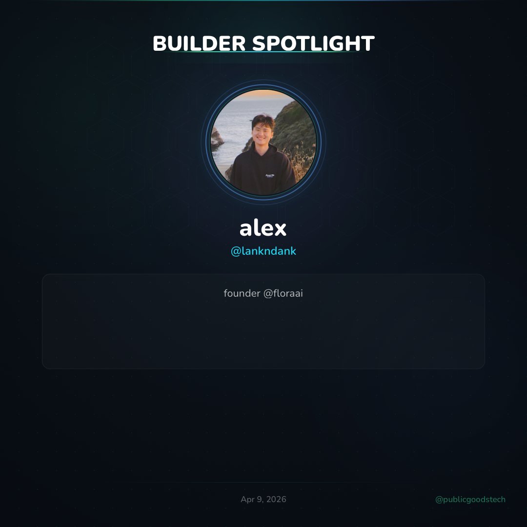 publicgoodstech's tweet photo. Builders spotlight of the day 

Alex (@lankndank) is the founder of @floraai.

@floraai operates as a creative environment for generative AI workflows. It provides an interface and set of tools for building, running, and managing AI-powered generative processes handling tasks such as content creation, visual generation, or other iterative AI outputs.

The project sits in the general AI agent category and is tracked as one of the newer entries in the ecosystem.
