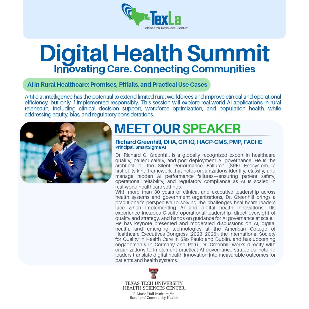 CenterTexla's tweet photo. Meet Dr. Richard Greenhill, featured speaker at the TexLa Digital Health Summit!

He’ll cover AI in rural healthcare—real-world use cases, challenges, &amp; opportunities.

Register: https://t.co/Y8cHB7fhQ5 https://t.co/IYiJZXRYsF