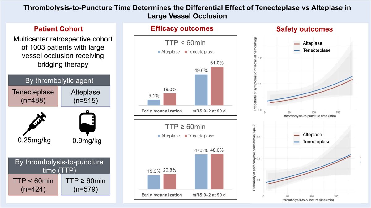 StrokeAHA_ASA's tweet image. #STROKE: Tenecteplase is superior to alteplase in LVO, but only if thrombectomy follows fast. Benefit is seen when thrombolysis-to-puncture time &amp;lt;60 min; beyond that, outcomes are similar. ahajrnls.org/4sHPQVj