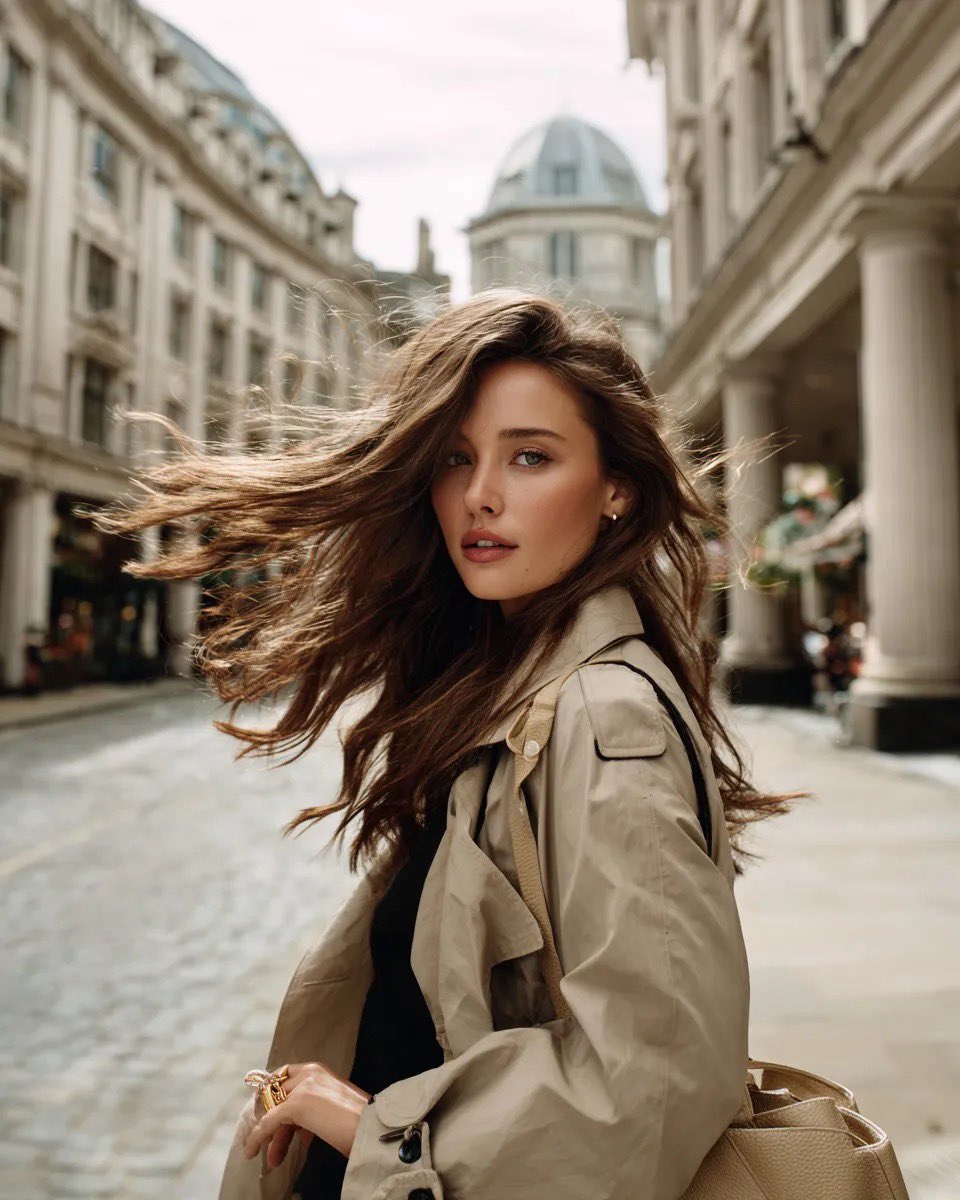 Kashberg_0's tweet image. Gemini Nano Banana Pro 

Prompt :

Cinematic street portrait of a young woman in a beige trench coat walking through a European arcade street, wind blowing her long brown hair, soft natural light, shallow depth of field, blurred historic architecture with arches in background,