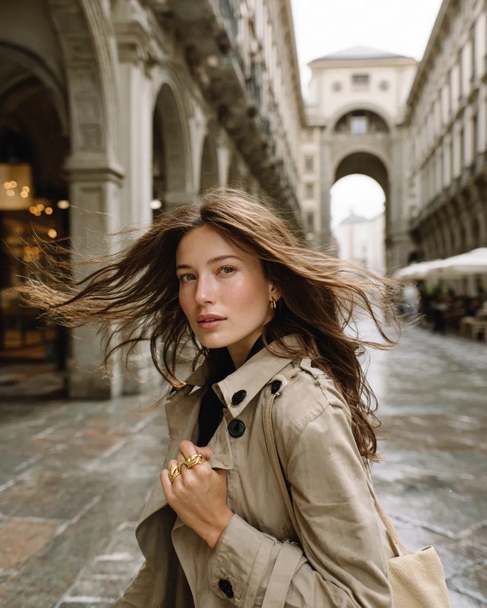 Kashberg_0's tweet image. Gemini Nano Banana Pro 

Prompt :

Cinematic street portrait of a young woman in a beige trench coat walking through a European arcade street, wind blowing her long brown hair, soft natural light, shallow depth of field, blurred historic architecture with arches in background,
