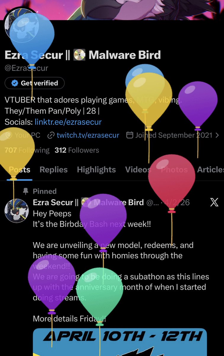 EzraSecur's tweet photo. Dang what’s with all these balloons??
Regardless tomorrow kicks off the bday bash.
Going to be showing off the new model, play games with the homies, and doing a small donothon going towards Magic con Vegas!
We also have some dorky incentives I’ll be yapping about tomorrow ovo https://t.co/hlO86VEfLO