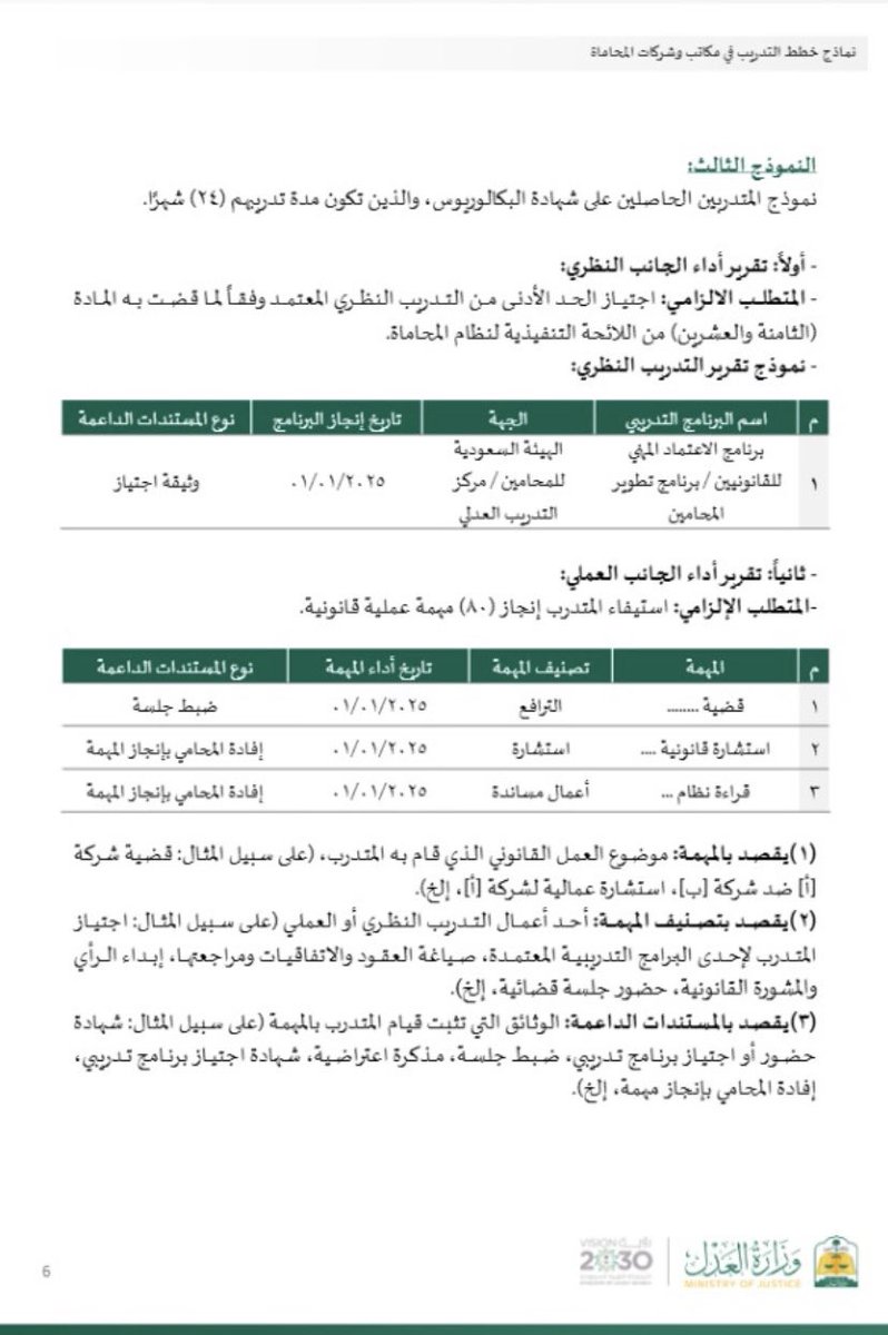 إلى كافة الزملاء والزميلات في الوسط القانوني ⚖️ وزارة العدل تصدر النماذج الجديدة لخطط التدريب في مكاتب وشركات المحاماة.

باختصار، صار التدريب "خريطة طريق" واضحة:

🔹 جانب نظري: اجتياز برنامج الاعتماد المهني.
🔹 جانب عملي: إنجاز مهام قانونية محددة (ترافع، استشارات، صياغة).

تختلف