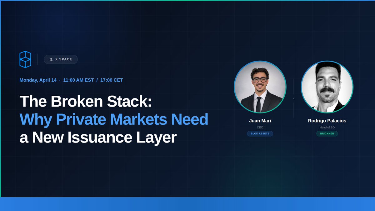 _Issuant's tweet photo. The old issuance stack is broken. Private markets have been overdue for a rebuild: and the capital is now moving to make it happen.

That's why we're sitting down with Brickken to find out exactly what they're building, why now, and how they fit into the broader Token Operating System by Blok Assets.

📅Date: April 14, 2026 | 11:00 AM EST | 17:00 CET

Speakers:
Rodrigo Palacios, Head of BD | Brickken
Juan Mari, CEO | Blok Assets

Moderator:
Carter Brayiannis, CBO | Blok Assets

Designed for founders, fund managers, and private market operators, this session goes beyond the narrative to address the mechanics:

Cost: What traditional issuance actually costs (and where Brickken cuts it).
Speed: How time to market compresses when the infrastructure is purpose built.
Compliance: How the regulatory layer gets built in, not bolted on,
@Brickken