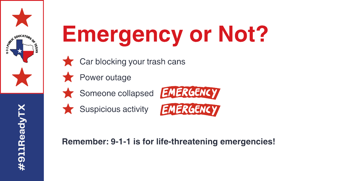 NCT9_1_1's tweet image. When seconds count, 9-1-1 must stay available for true emergencies! If it’s life-threatening or dangerous, call 9-1-1. For everything else, use local non-emergency numbers to keep lines clear for those who need urgent assistance. 😊

#911ReadyTX #911EducationMonth #Emergency