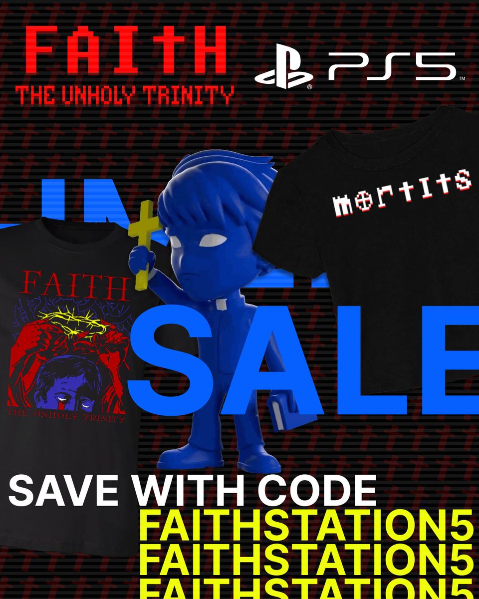 newbloodstore's tweet photo. IT'S HERE! Faith: The Unholy Trinity on PS5! We're throwing a merch sale this week. GET IN HERE https://t.co/ajNAtMsO35