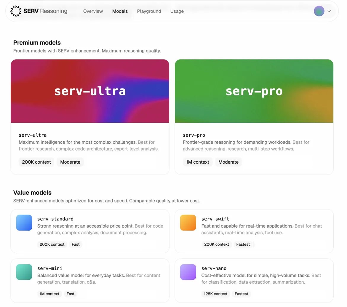 A sneak peak from the SERV Reasoning platform

6 models across two tiers.

> Value models optimized for cost and speed
> Premium models optimized for accuracy and intelligence

You can choose the right one based on your specific needs.