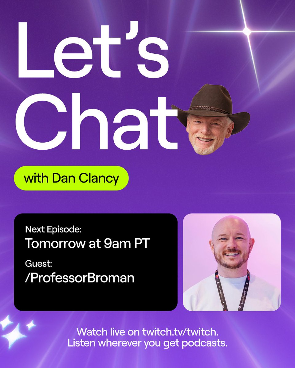 Twitch's tweet image. Tune in tomorrow at 9am PT for the next episode of Let’s Chat hosted by Twitch CEO Dan Clancy. 

Dan’s guest this week is @Professorbroman, so watch live on twitch.tv/twitch or listen wherever you get your podcasts.